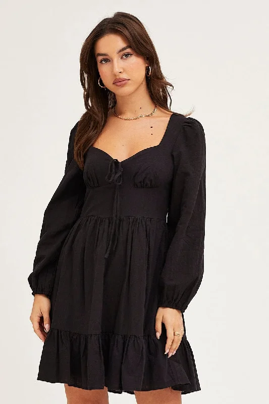 Black Skater Dress Puff Sleeve Mini