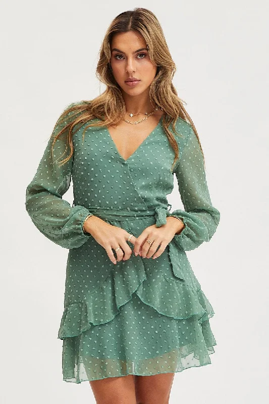 Green Skater Dress Long Sleeve Mini