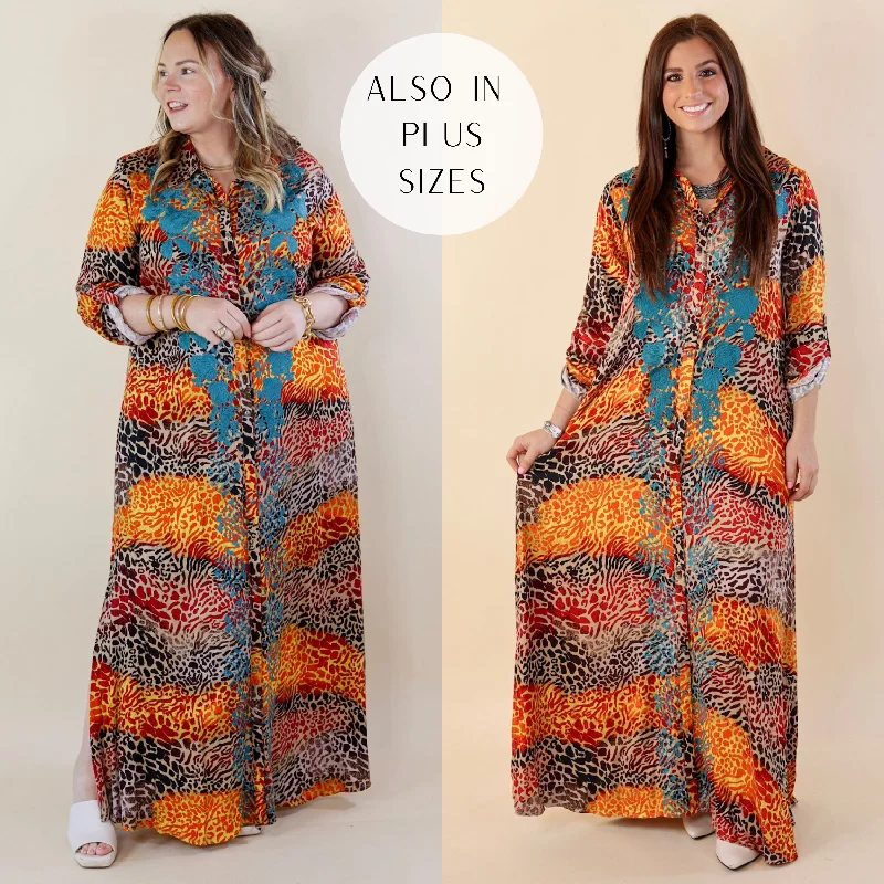 I'm All That Long Multi Color Leopard Button Up Maxi Dress with Turquoise Floral Print Embroidery