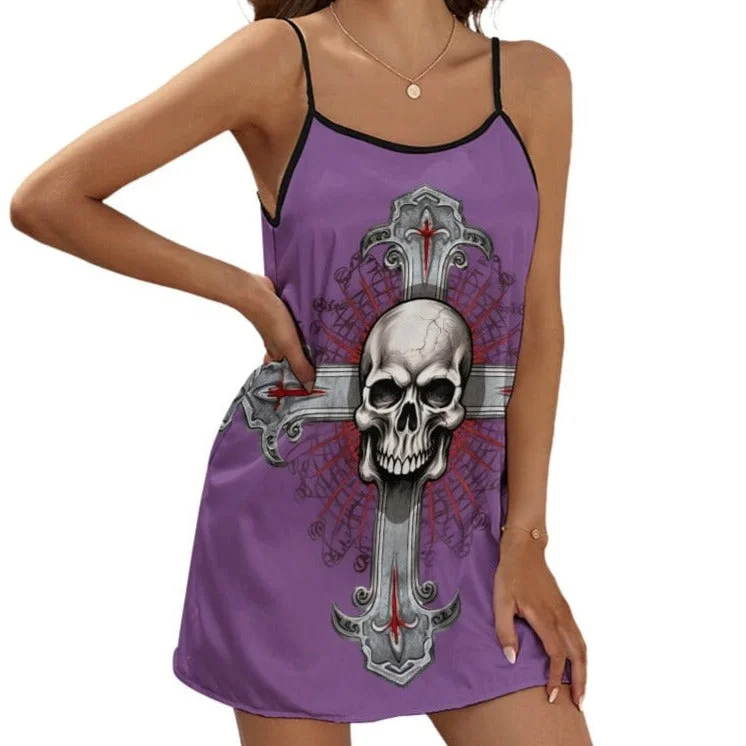 Ladies Gothic Skull Cross Spaghetti Strap V-Neck Slip Dress