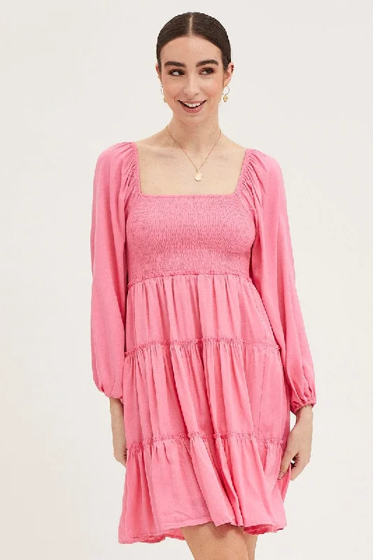 Pink Fit And Flare Dress Long Sleeve Square Neck