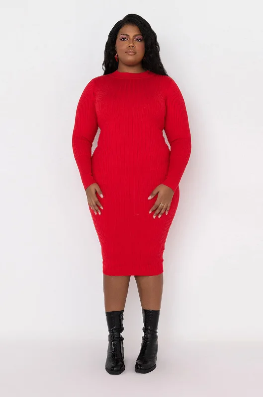 PLUS MEGAN SWEATER RIBBED OPEN BACK MIDI DRESS RED