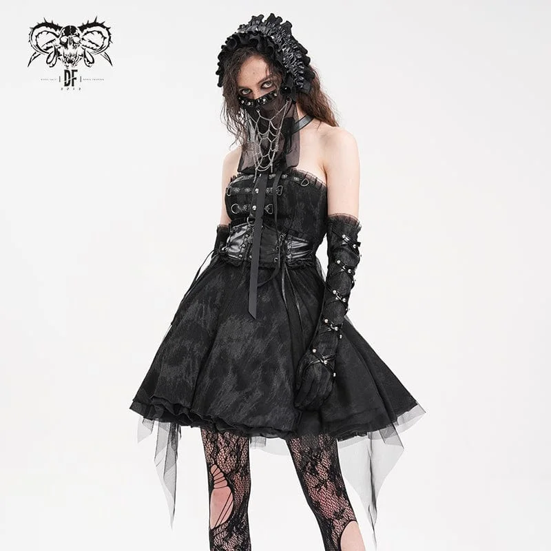 Women's Gothic Buckle-up Halter Mesh Short Dress