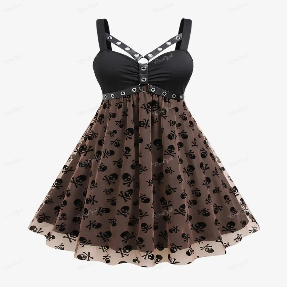 Women's Gothic Skull Print Mesh Grommets Dress