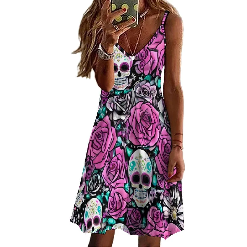 Women's Skull Pink Floral Long Dress