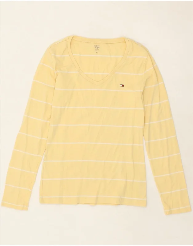 TOMMY HILFIGER Womens Top Long Sleeve UK 12 Medium Yellow Striped Cotton