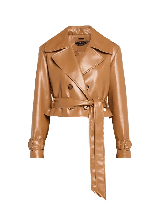 Camel Keith Vegan Cropped Trench Coat with Belt