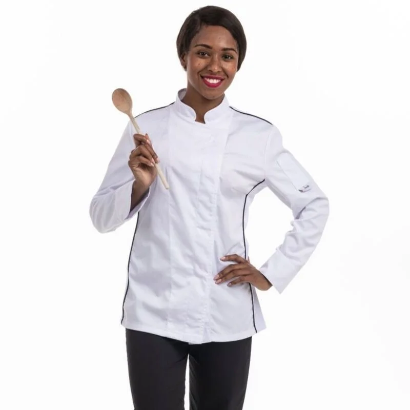 Women's White Baker's Coat with Black Piping and Side Ventilation - MANELLI